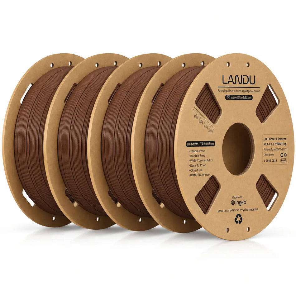 LANDU Brown Carbon Fiber PLA 3D printer filament 4kg spool alongside a functional printed mechanical hand.