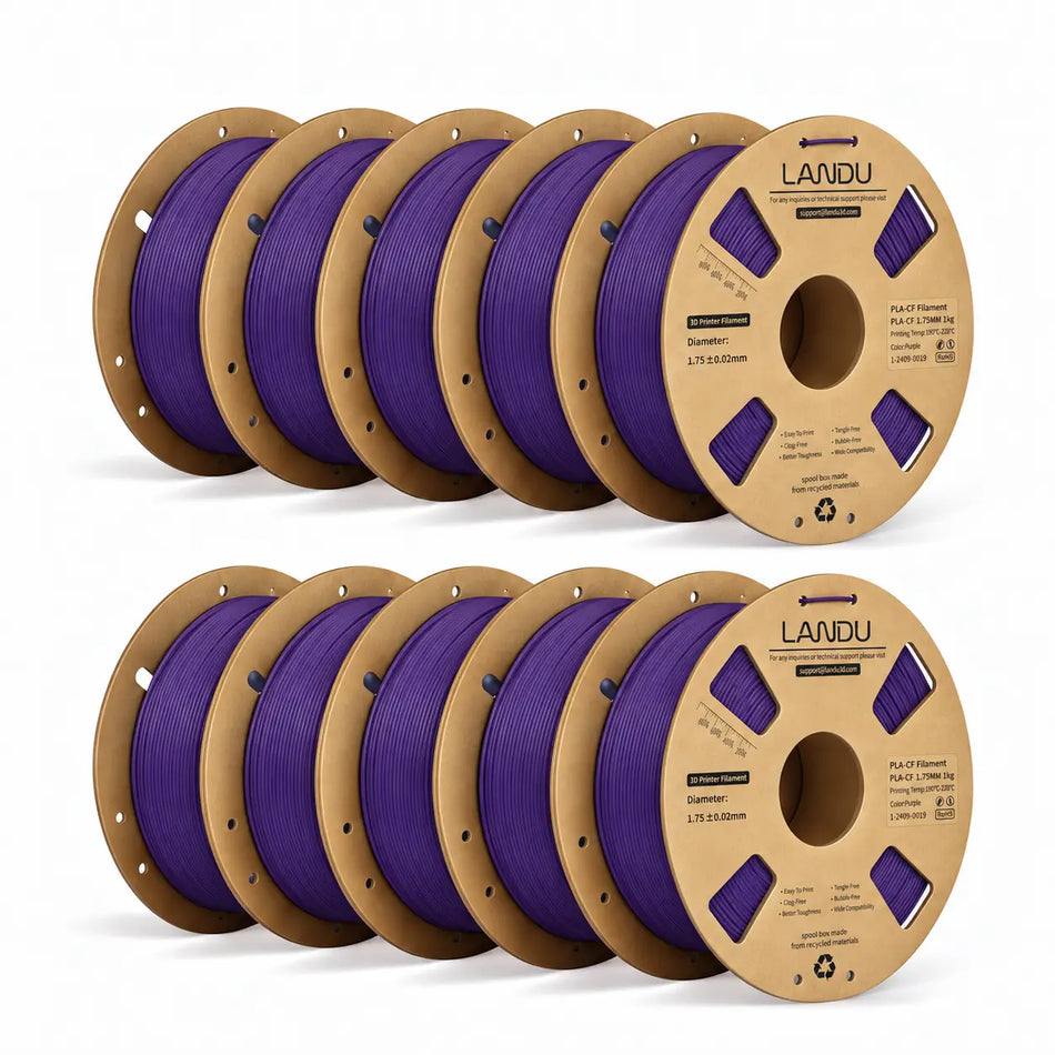 LANDU Purple Carbon Fiber PLA 3D printer filament 10kg spool displayed next to a purple printed mechanical hand.