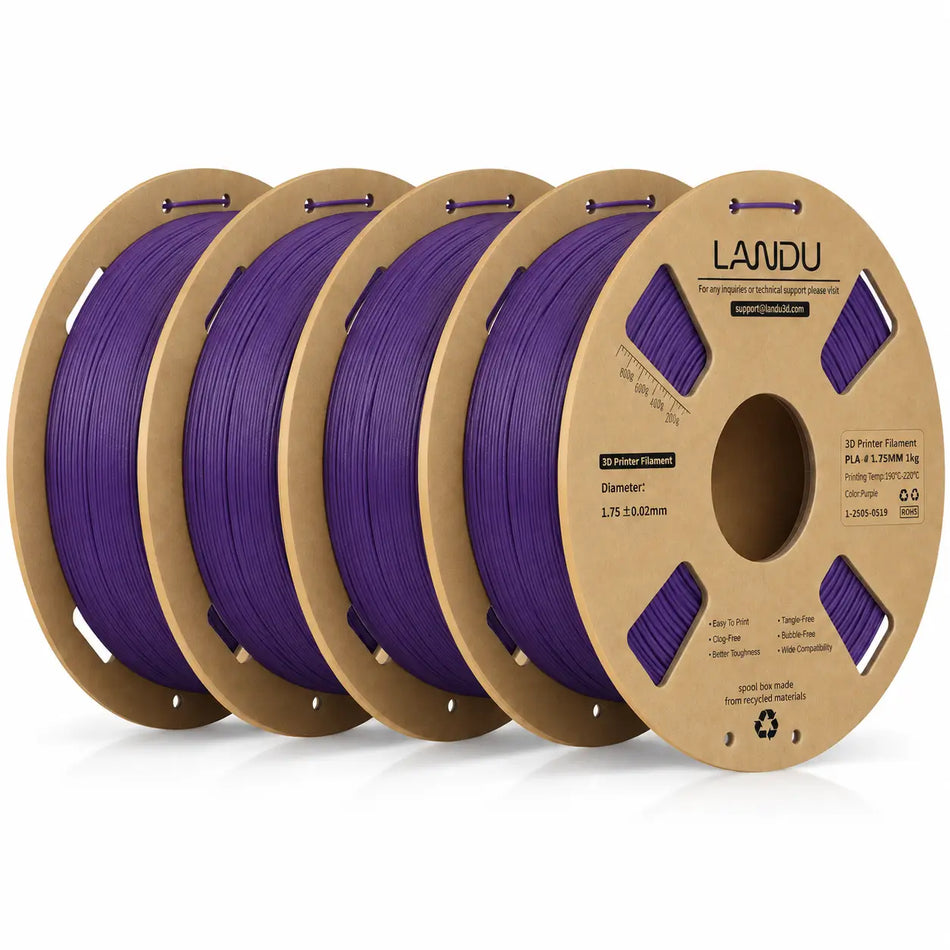 LANDU Purple Carbon Fiber PLA 3D printer filament 4kg spool displayed next to a purple printed mechanical hand.