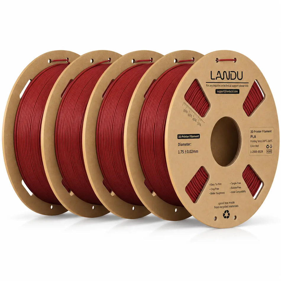 LANDU Red Carbon Fiber PLA 3D printer filament 4kg spool alongside a matching red 3D printed mechanical hand.