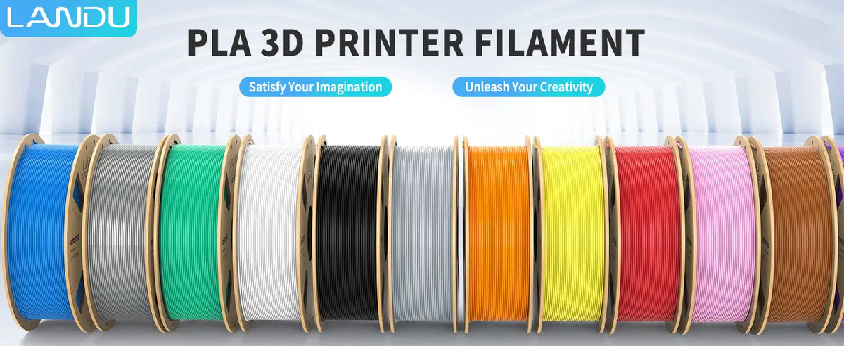 A colorful array of LANDU PLA 3D printer filament spools showcasing various vibrant color options to unleash creativity.