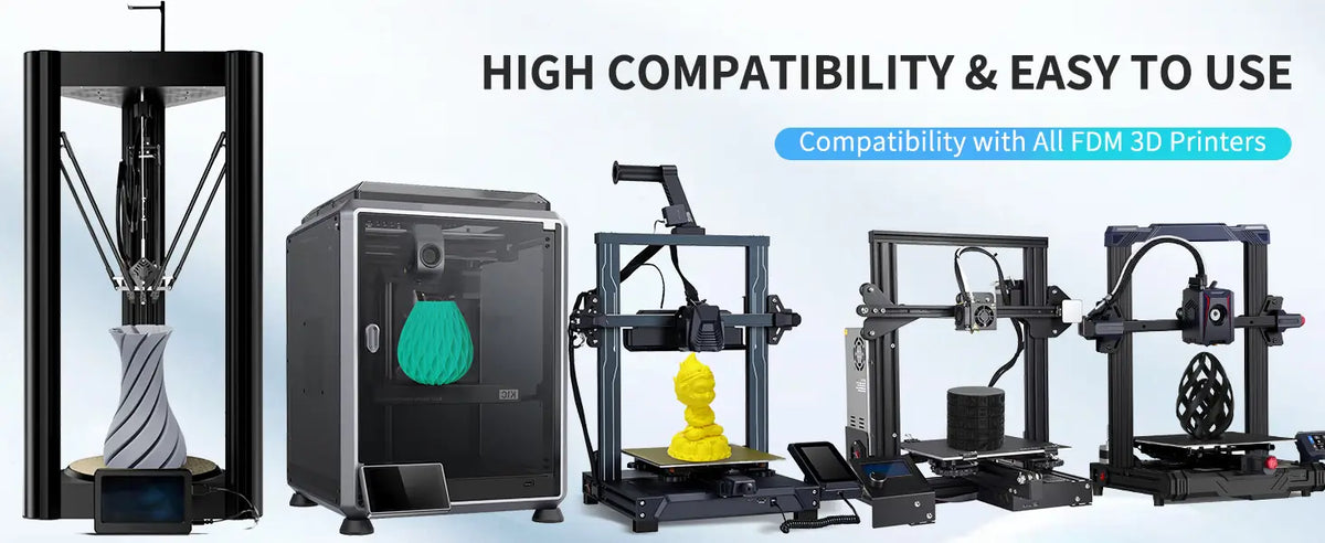 LANDU PLA filament demonstrating high compatibility across various FDM 3D printers including enclosed and open-bed models.