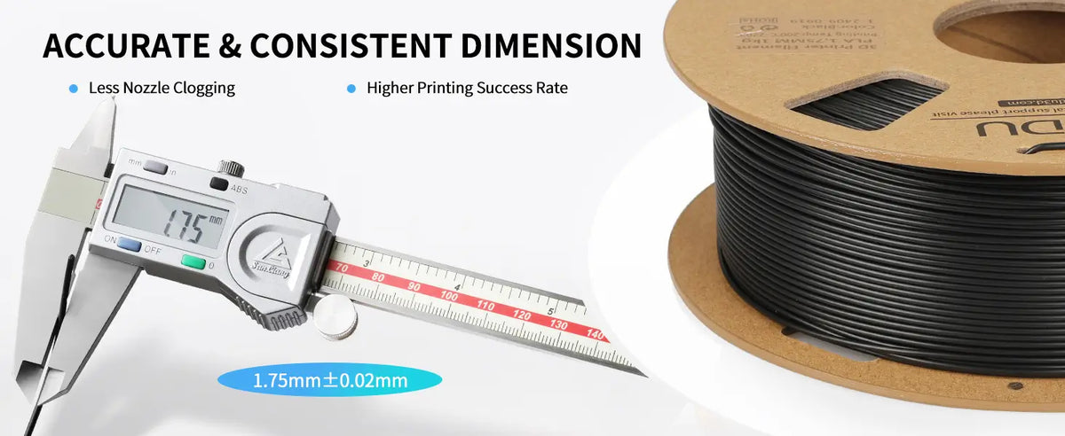 Digital caliper measuring black LANDU PLA filament showing precise 1.75mm dimensional accuracy to prevent nozzle clogging.