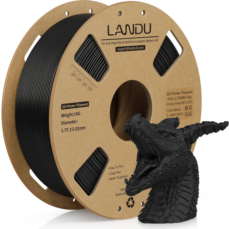 LANDU Black PLA 3D printer filament 1kg spool displayed with a highly detailed 3D printed black dragon head.