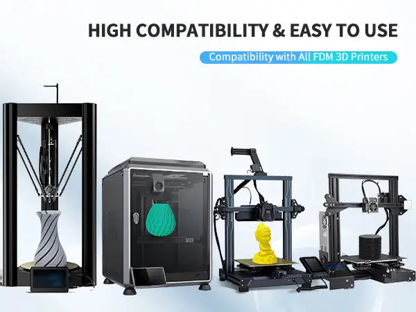 LANDU PLA filament demonstrating high compatibility across various FDM 3D printers including enclosed and open-bed models.