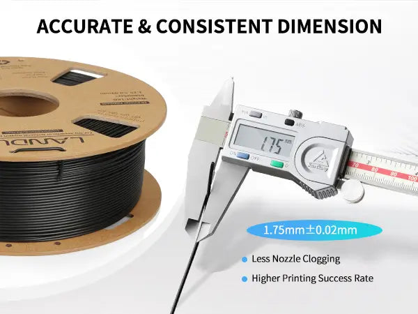 Digital caliper measuring black LANDU PLA filament showing precise 1.75mm dimensional accuracy to prevent nozzle clogging.