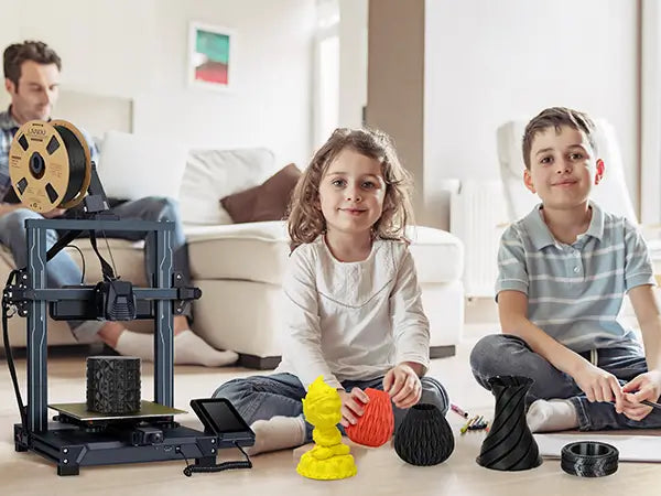 Children playing with 3D printed toys at home while a 3D printer uses LANDU PLA filament, highlighting a safe and family-friendly experience.