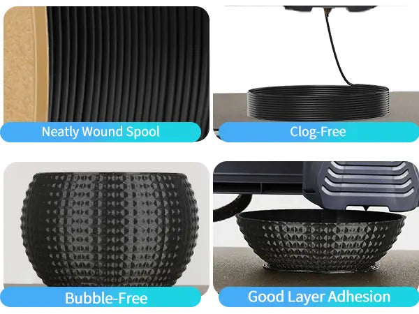 Close-up details of LANDU PLA filament showing a neatly wound spool, smooth clog-free extrusion, and bubble-free layer adhesion.