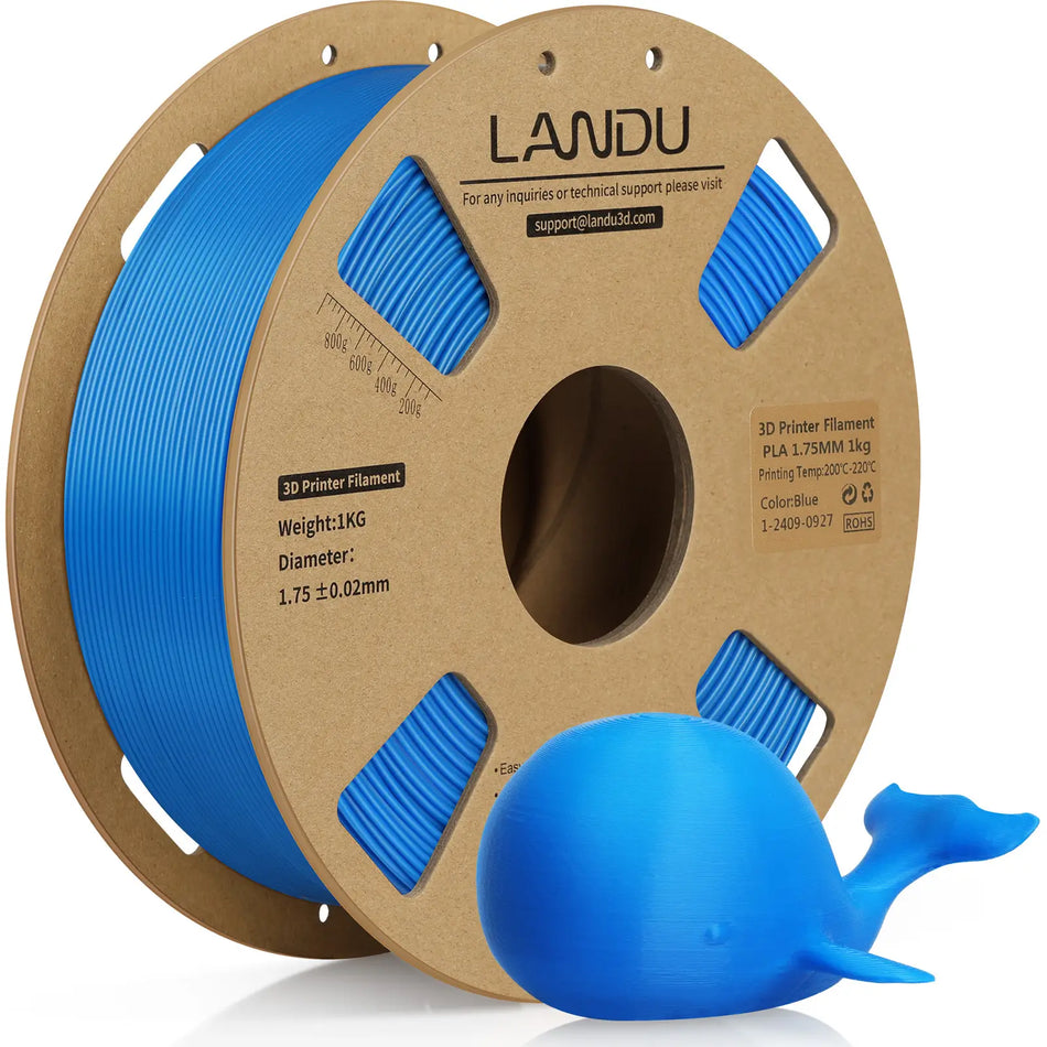 LANDU Blue PLA 3D printer filament 1kg spool alongside a smooth 3D printed blue whale model.