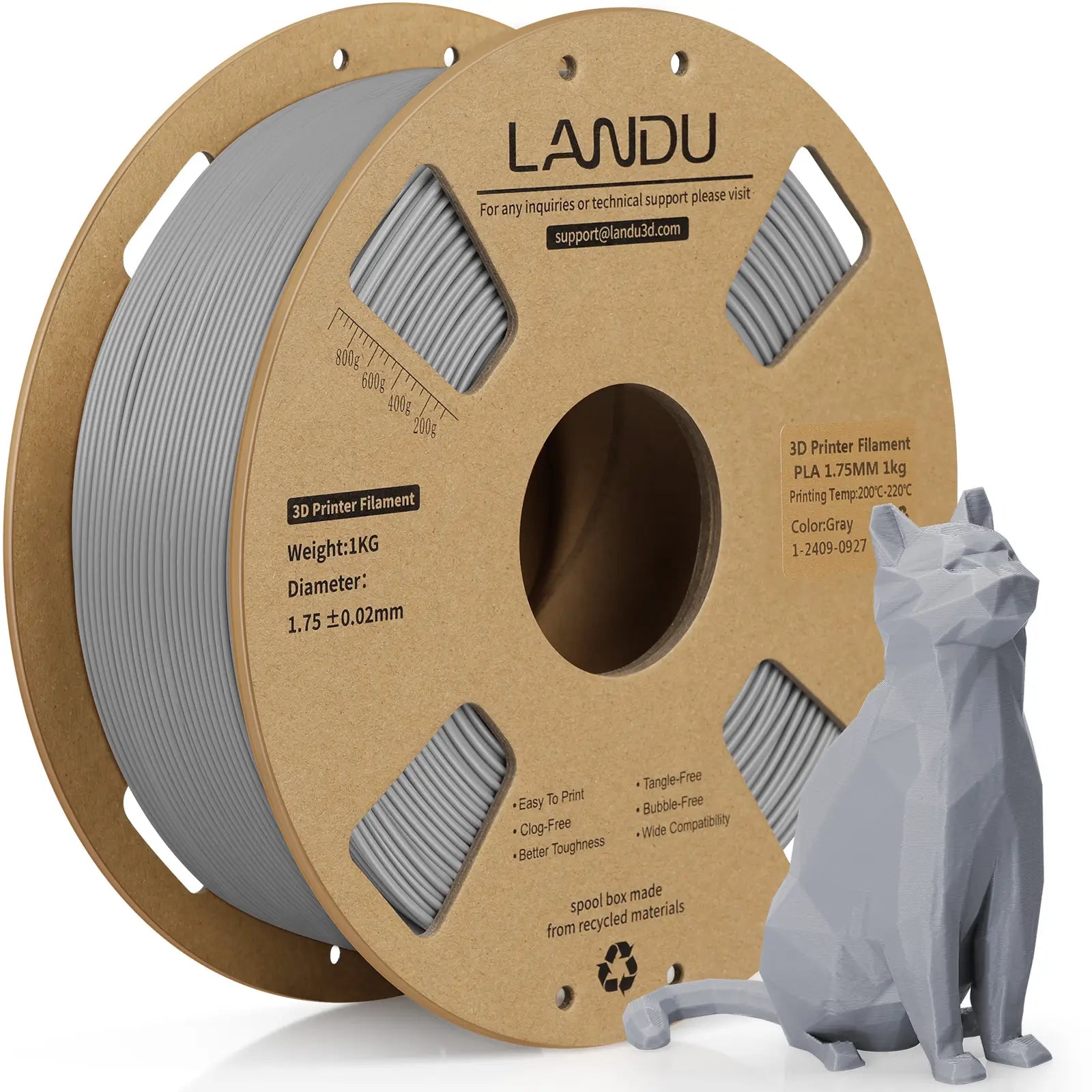 LANDU Gray PLA 3D printer filament 1kg spool alongside a clean low poly 3D printed gray cat model.