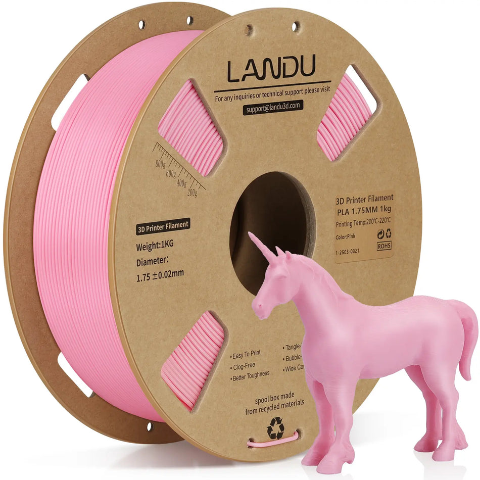 LANDU Pink PLA 3D printer filament 1kg spool displayed with a detailed 3D printed pink unicorn toy.