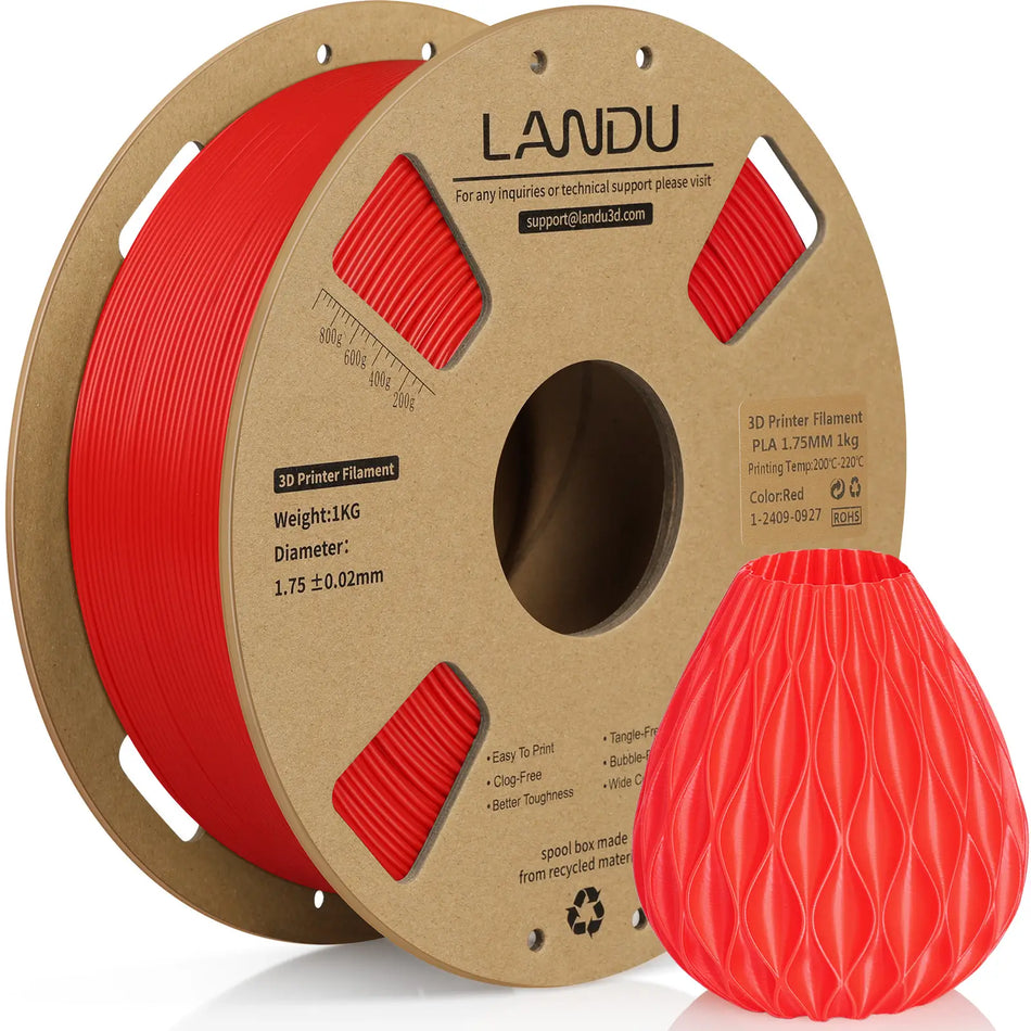 LANDU Red PLA 3D printer filament 1kg spool next to a beautiful 3D printed red textured vase.