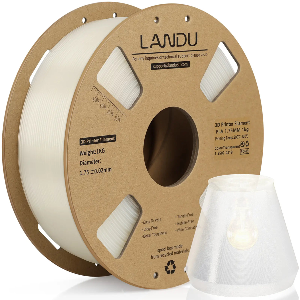 LANDU Transparent PLA 3D printer filament 1kg spool showcasing excellent light transmission with a 3D printed lamp shade.