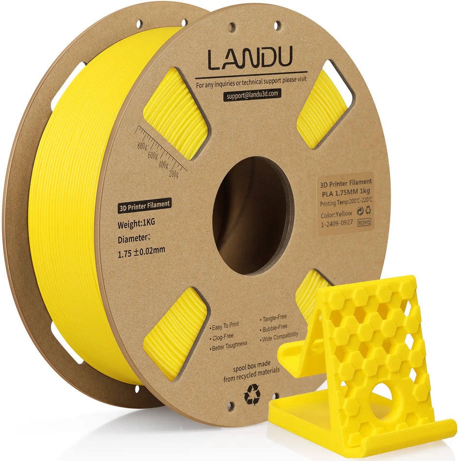 LANDU Yellow PLA 3D printer filament 1kg spool alongside a functional 3D printed yellow honeycomb phone stand.