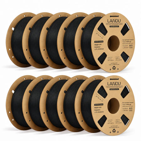 LANDU Black PLA 3D printer filament 10kg spool displayed with a highly detailed 3D printed black dragon head.
