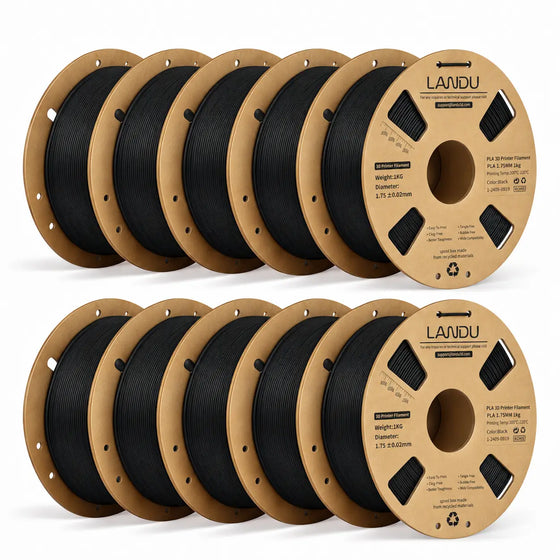 LANDU Black PLA 3D printer filament 10kg spool displayed with a highly detailed 3D printed black dragon head.