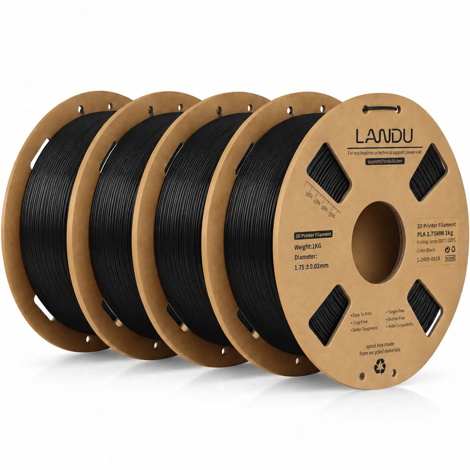 LANDU Black PLA 3D printer filament 4kg spool displayed with a highly detailed 3D printed black dragon head.