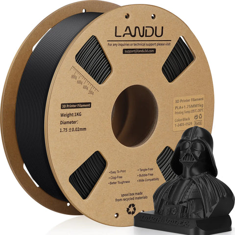 LANDU Black PLA Plus 3D printer filament 1kg spool displayed with a highly detailed 3D printed Darth Vader bust.