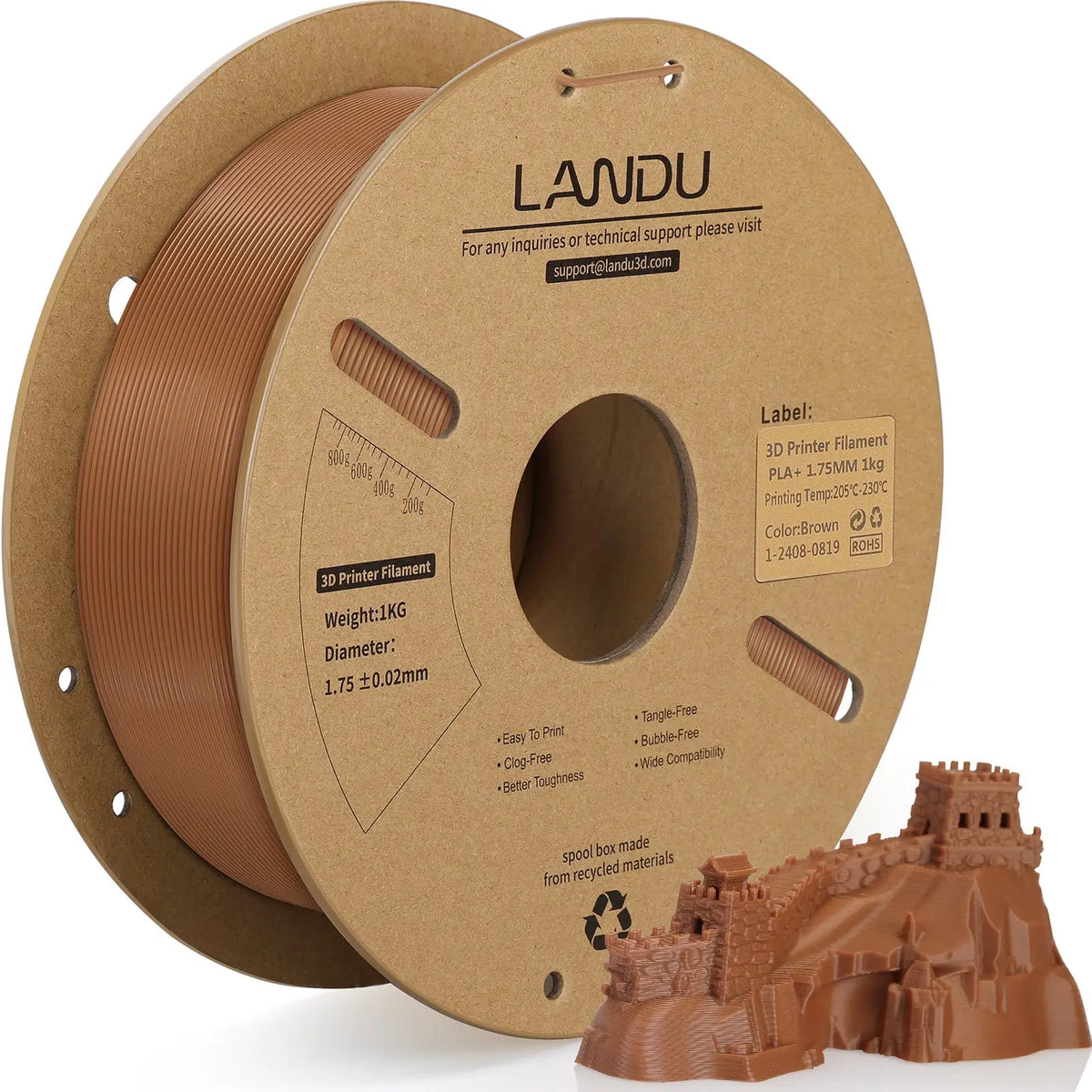 LANDU Brown PLA Plus 3D printer filament 1kg spool alongside a detailed 3D printed Great Wall architectural model.
