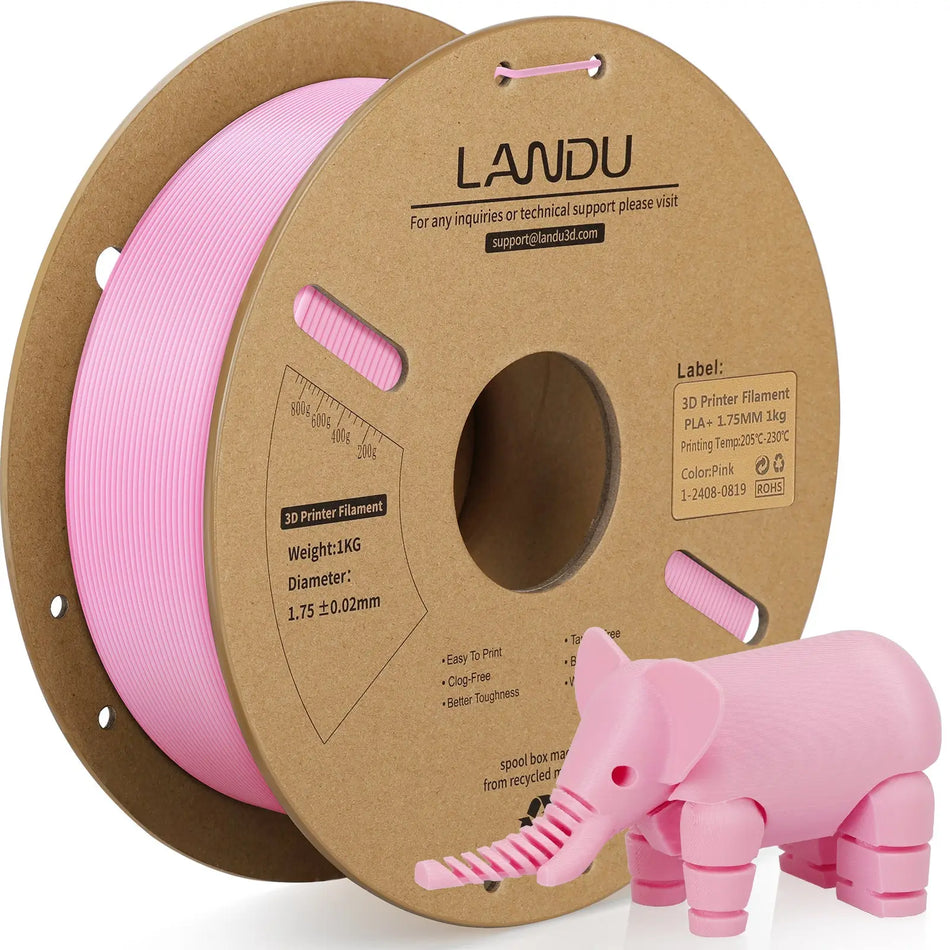 LANDU Pink PLA Plus 3D printer filament 1kg spool featured with an articulated 3D printed pink elephant toy.