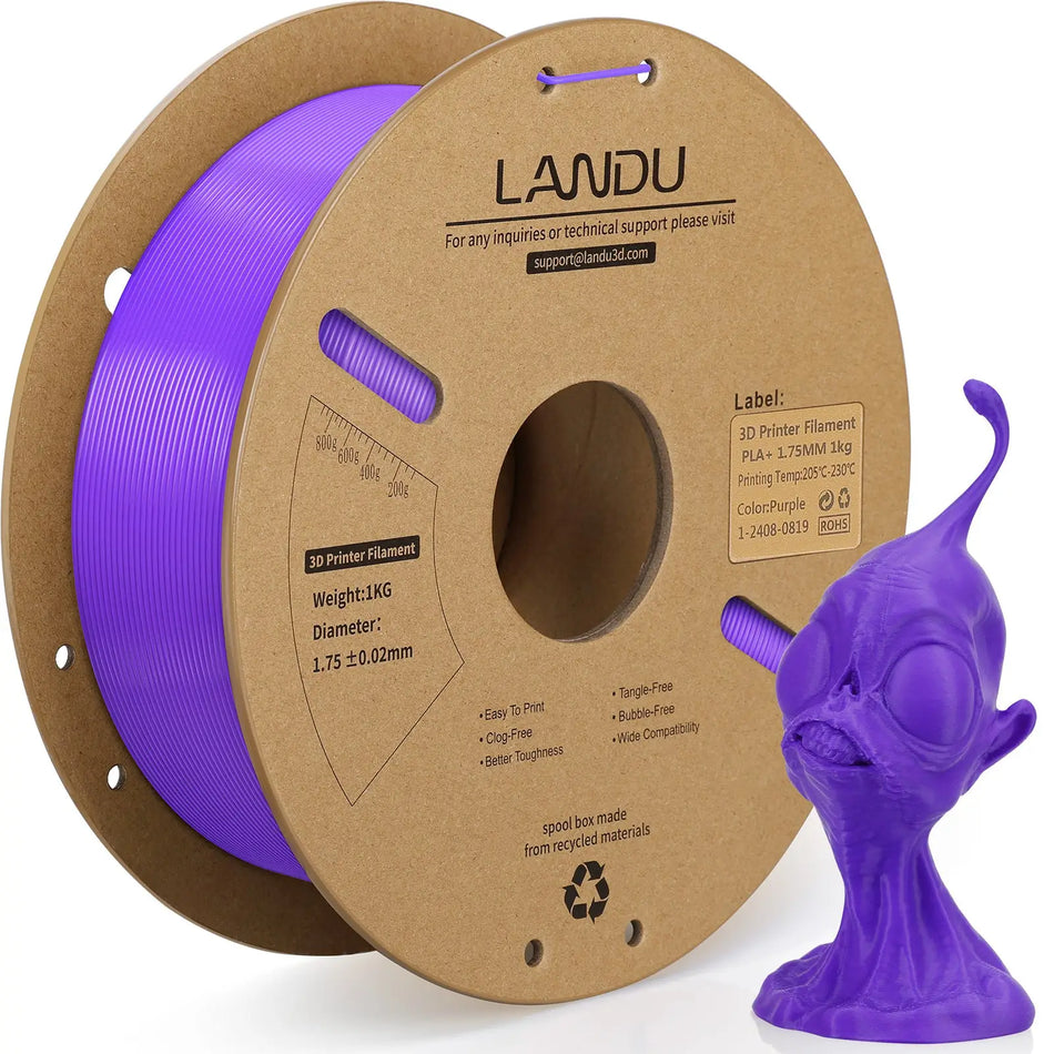 LANDU Purple PLA Plus 3D printer filament 1kg spool displayed with a 3D printed alien sculpture model.