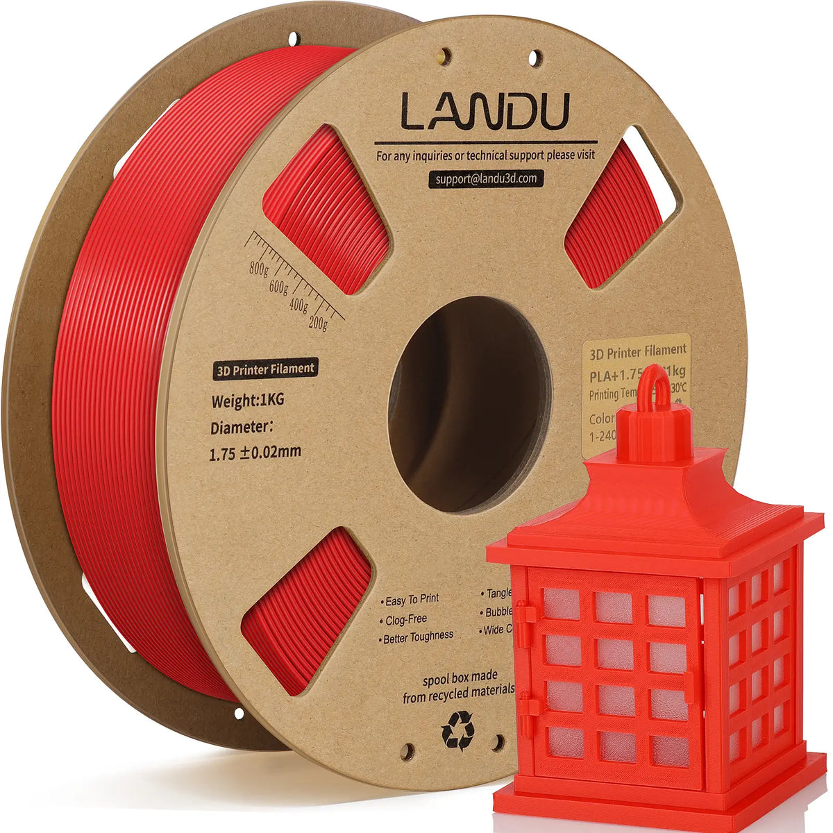 LANDU Red PLA Plus 3D printer filament 1kg spool displayed with a beautifully printed red lantern model.