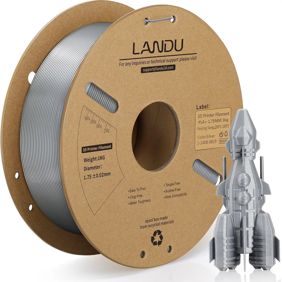 LANDU Silver PLA Plus 3D printer filament 1kg spool alongside a highly detailed 3D printed silver rocket model.