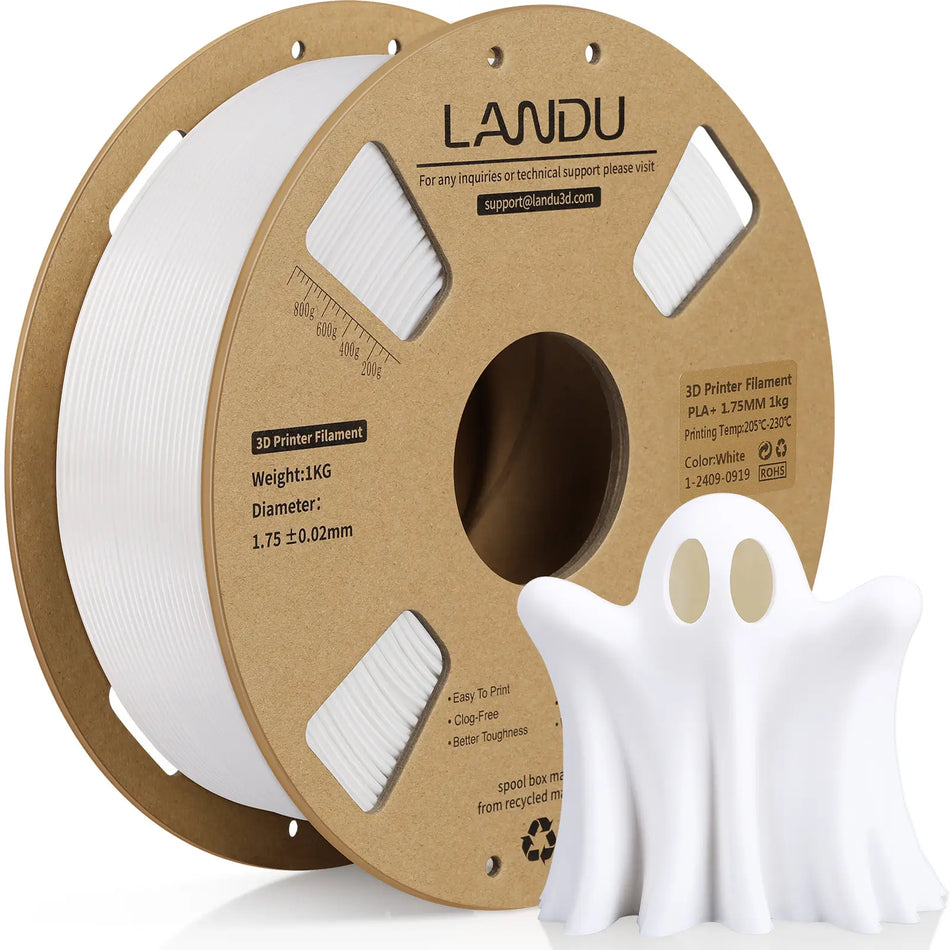 LANDU White PLA Plus 3D printer filament 1kg spool featured next to a smooth 3D printed white ghost figure.