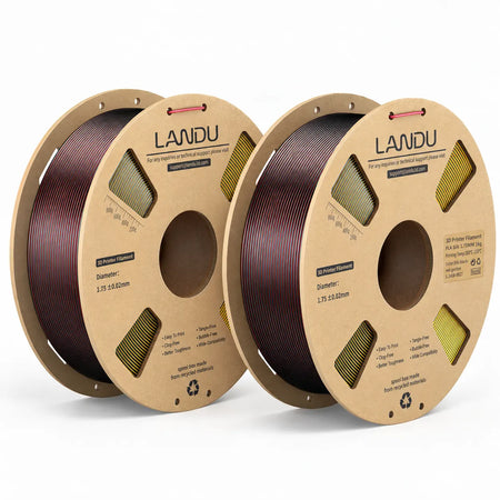 LANDU Tri-Color Black Red Golden Silk PLA 3D printer filament 2kg spool displayed with an intimidating color-shifting 3D printed horned skull.