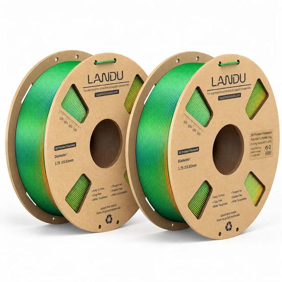 LANDU Tri-Color Blue Green Orange Silk PLA 3D printer filament 2kg spool displayed with a glossy color-shifting spiral staircase model.