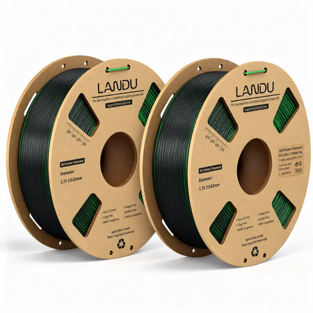 LANDU Gold Green Black Tri-Color Silk PLA 3D printer filament 2kg spool displaying a dark fantasy color-shifting 3D printed dragon.