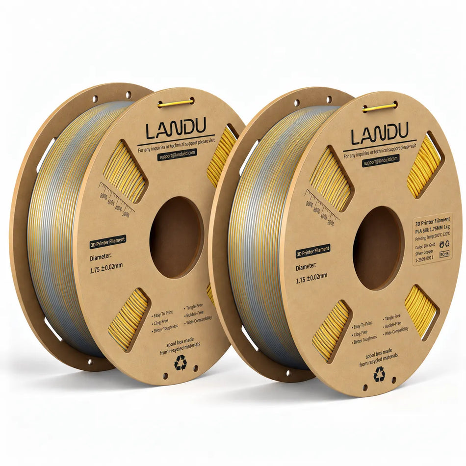 LANDU Gold Silver Copper Tri-Color Silk PLA 3D printer filament 2kg spool alongside a premium metallic color-shifting 3D printed dragon.