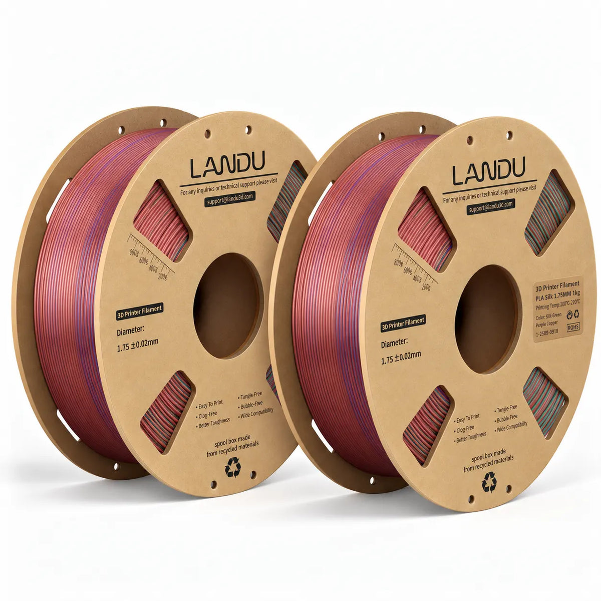 LANDU Green Purple Copper Tri-Color Silk PLA 3D printer filament 2kg spool featuring a mystical color-shifting 3D printed dragon.