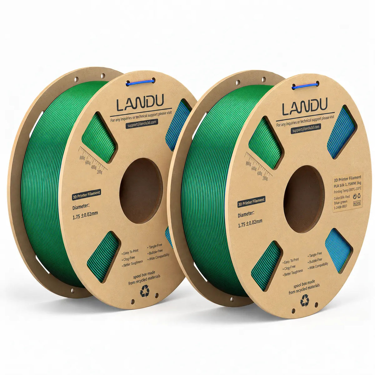 LANDU Red Green Blue Tri-Color Silk PLA 3D printer filament 2kg spool with a vibrant chameleon-like color-shifting 3D printed dragon.