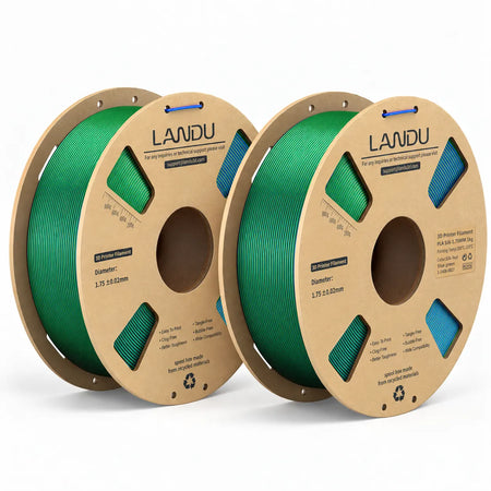 LANDU Red Green Blue Tri-Color Silk PLA 3D printer filament 2kg spool with a vibrant chameleon-like color-shifting 3D printed dragon.