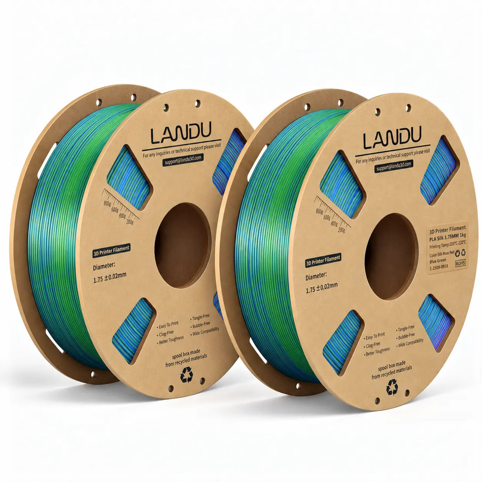 LANDU Rose Red Blue Green Tri-Color Silk PLA 3D printer filament 2kg spool displayed with a pearlescent color-shifting 3D printed dragon.