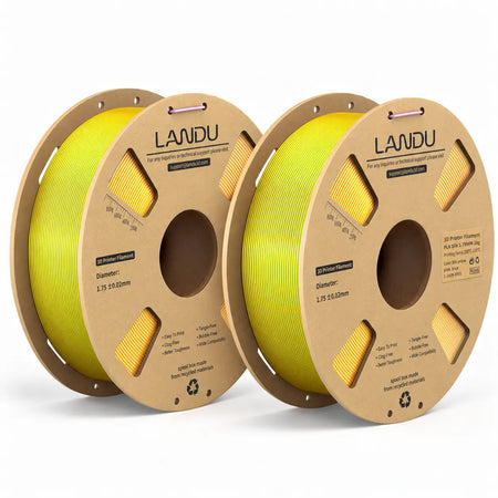 LANDU Yellow Blue Pink Tri-Color Silk PLA 3D printer filament 2kg spool alongside a playful neon color-shifting 3D printed dragon.