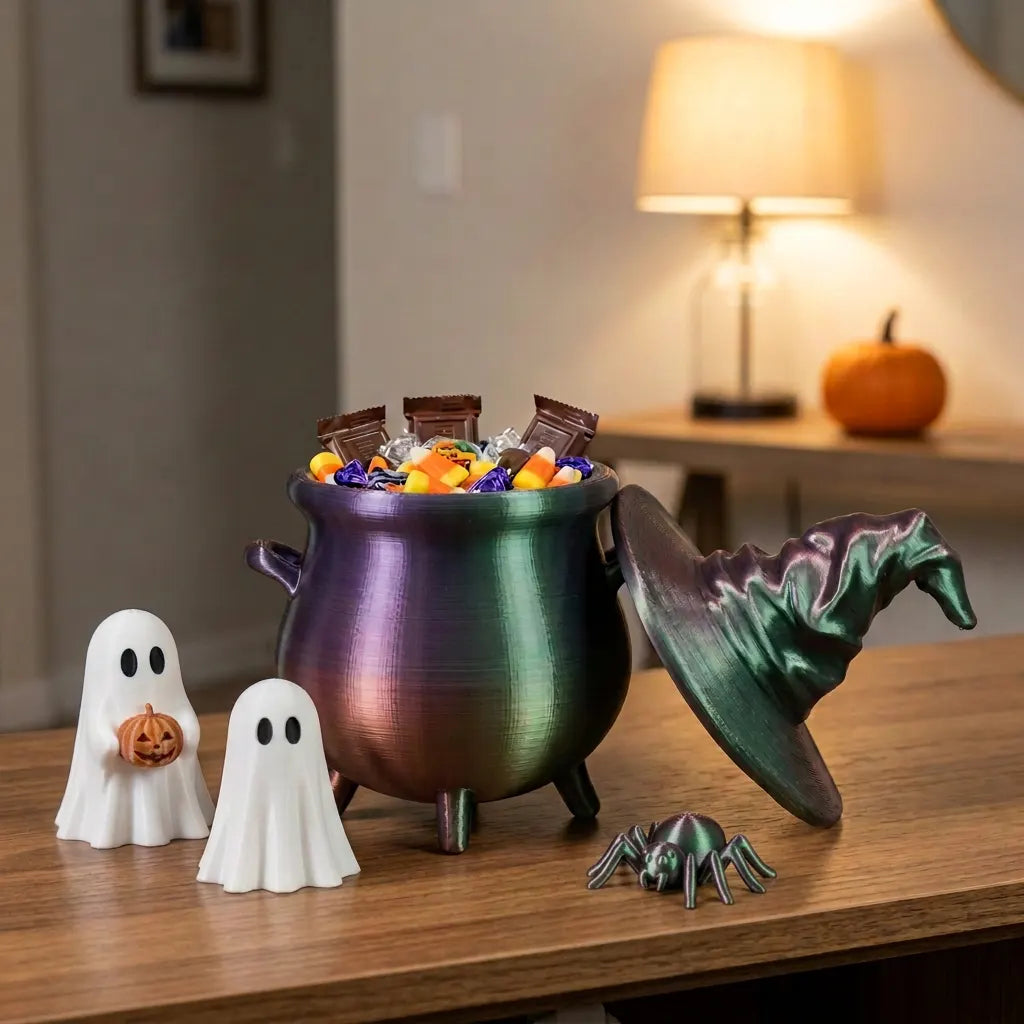 Tri-color witch-hat candy cauldron with white ghost decorations