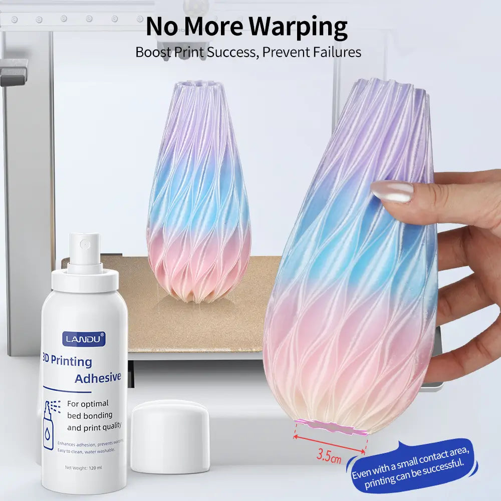 A tall 3D printed vase successfully printed without warping, demonstrating strong bed adhesion even with a small 3.5cm contact area.