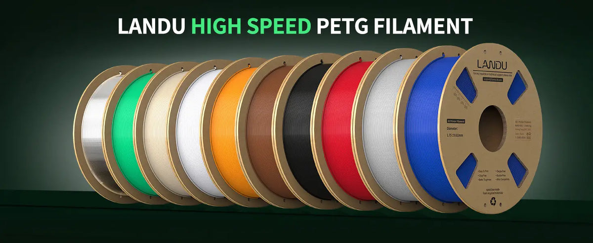 LANDU High Speed PETG 3D printer filament spools showcasing a wide variety of vibrant colors on eco-friendly recycled cardboard spools.