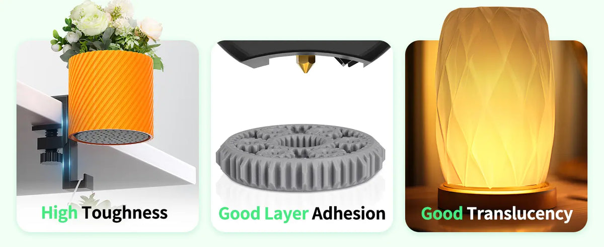 Examples of LANDU Rapid PETG filament features showing a tough printed planter, a strong gear with good layer adhesion, and a translucent lamp.
