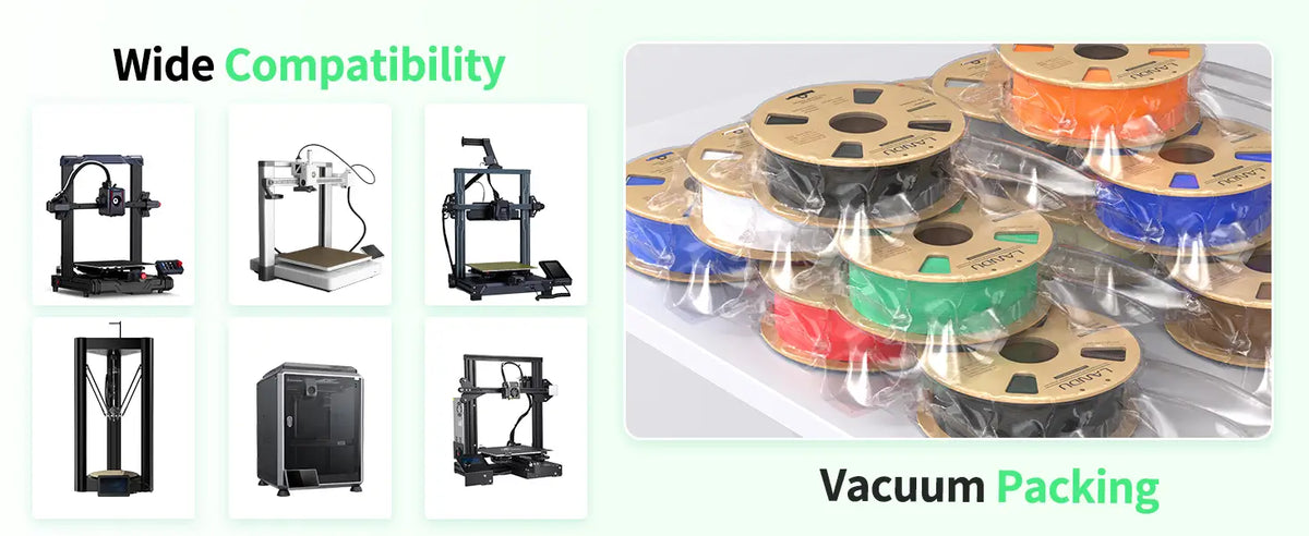 LANDU Rapid PETG filament vacuum packed spools demonstrating wide compatibility with various FDM 3D printers on the market.
