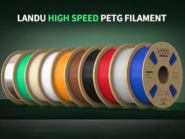 LANDU High Speed PETG 3D printer filament spools showcasing a wide variety of vibrant colors on eco-friendly recycled cardboard spools.