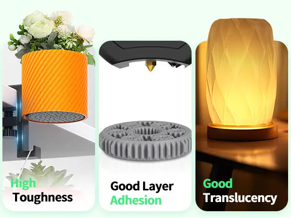 Examples of LANDU Rapid PETG filament features showing a tough printed planter, a strong gear with good layer adhesion, and a translucent lamp.