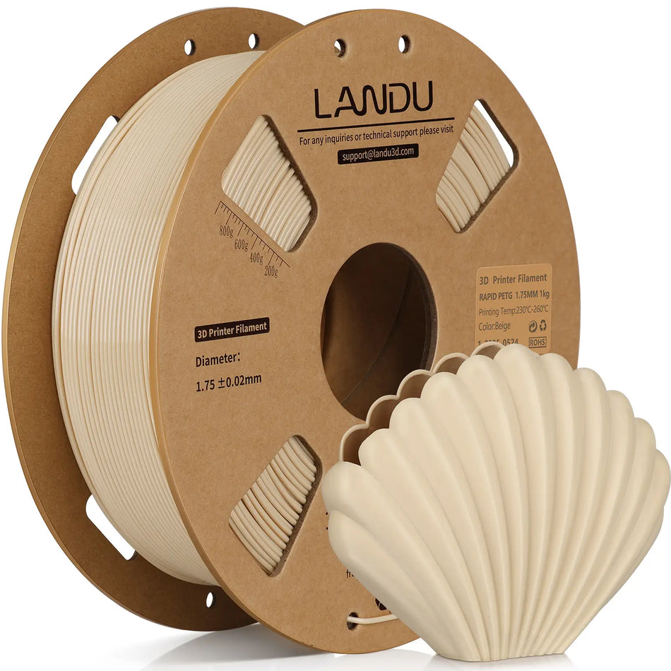 LANDU Beige Rapid PETG 3D printer filament 1kg spool displayed with a smooth 3D printed seashell object.