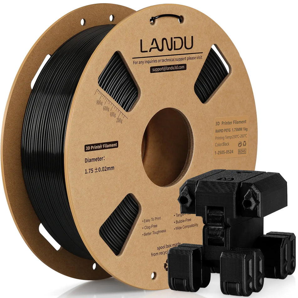 LANDU Black Rapid PETG 3D printer filament 1kg spool displayed with a mechanical 3D printed rover model.