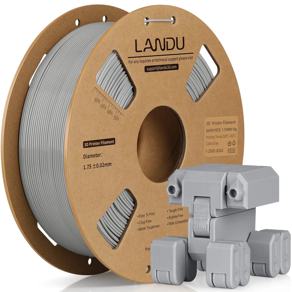 LANDU Gray Rapid PETG 3D printer filament 1kg spool next to a clean 3D printed mechanical rover model.