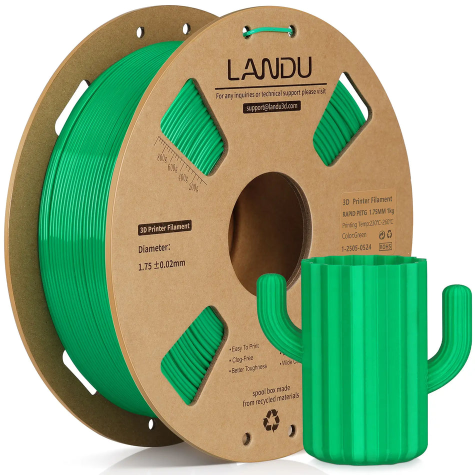 LANDU Green Rapid PETG 3D printer filament 1kg spool displayed with a 3D printed cactus pen holder.