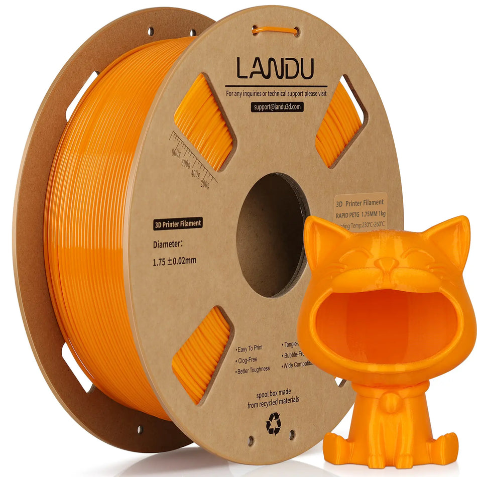 LANDU Orange Rapid PETG 3D printer filament 1kg spool alongside a vibrant 3D printed cat container model.