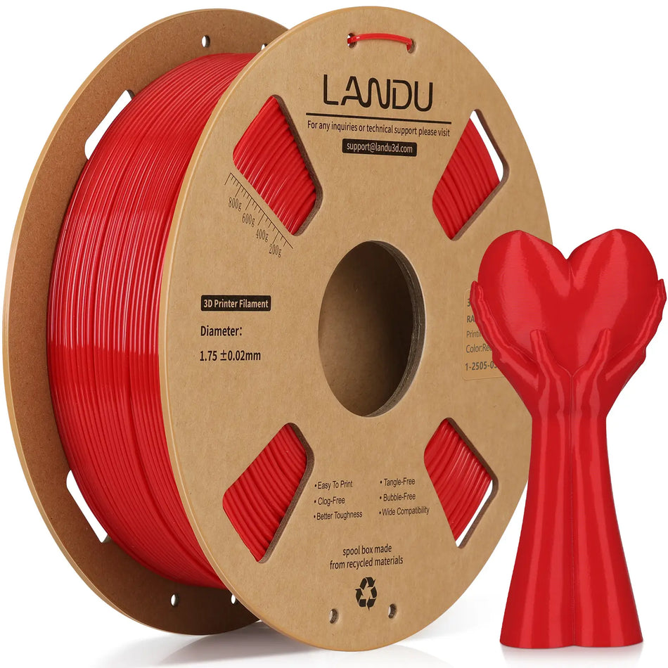 LANDU Red Rapid PETG 3D printer filament 1kg spool featured with a 3D printed heart sculpture model.